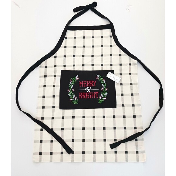 NWT Nicole Miller XMAS Bib Full Apron Blk/Cream Linen/Cotton Merry & Bright O/S - Picture 1 of 6